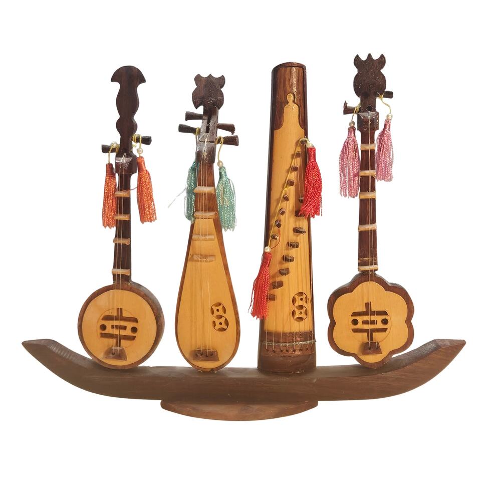 Vintage Chinese Miniature Musical Instrument Ensemble Displayed on Wooded Stand